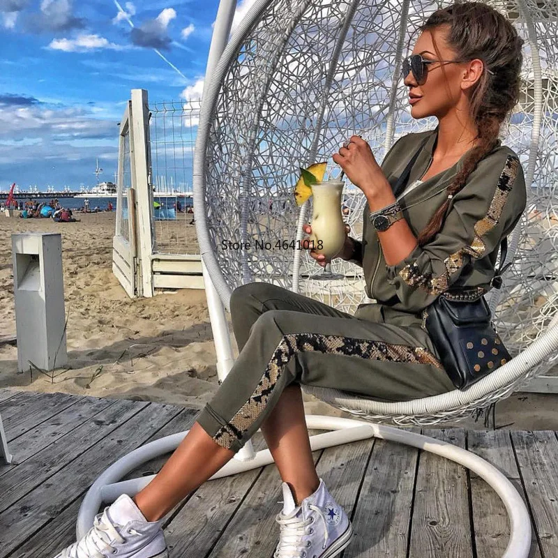 Женский Повседневный Спортивный костюм однотонный жакет на молнии с блестками и