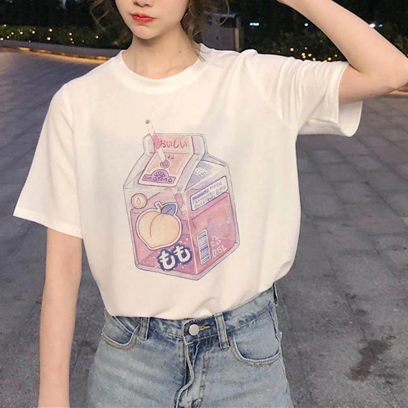 

Peach Fruit Juice Drink Print T-shirt Women Harajuku Aesthetic White Pink Tops Tshirt 2021 New Summer Fashion Y2k Female T Shirt
