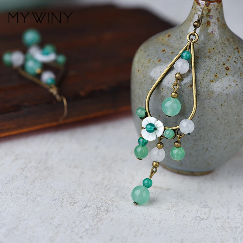 Винтажные этнические зеленые серьги MYWINY в эстетике оригинального дизайна из