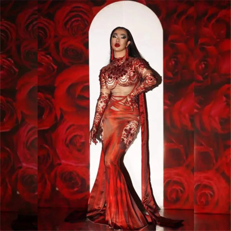 

Женское винтажное платье-русалка, Красное длинное платье в пол, для подиума, выпускного вечера, сценической вечеринки