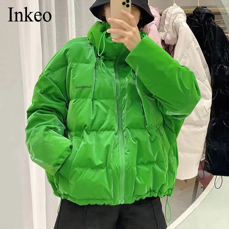 

2021 Ladies winter down jacket shiny 90% white duck down bread Coat Short Casual Stand-up collar Overcoat Women Chic INKEO 1O169