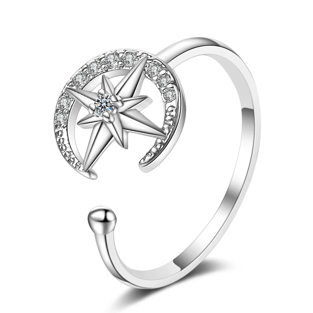 

2020 New Fashion Adjustable Crystal Ring Moon & Star Dazzling Open Finger Rings For Women Girls Wedding Engagement Jewelry