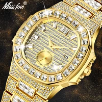 missfox luxury men watch gold 18k nautilus model fully paved baguette diamond mens watches waterproof calendar male clock hours