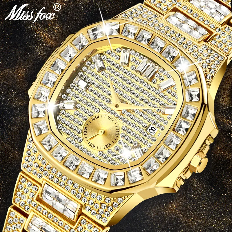 MISSFOX Роскошные мужские часы золотые 18K Nautilus модель полностью вымощенные багет