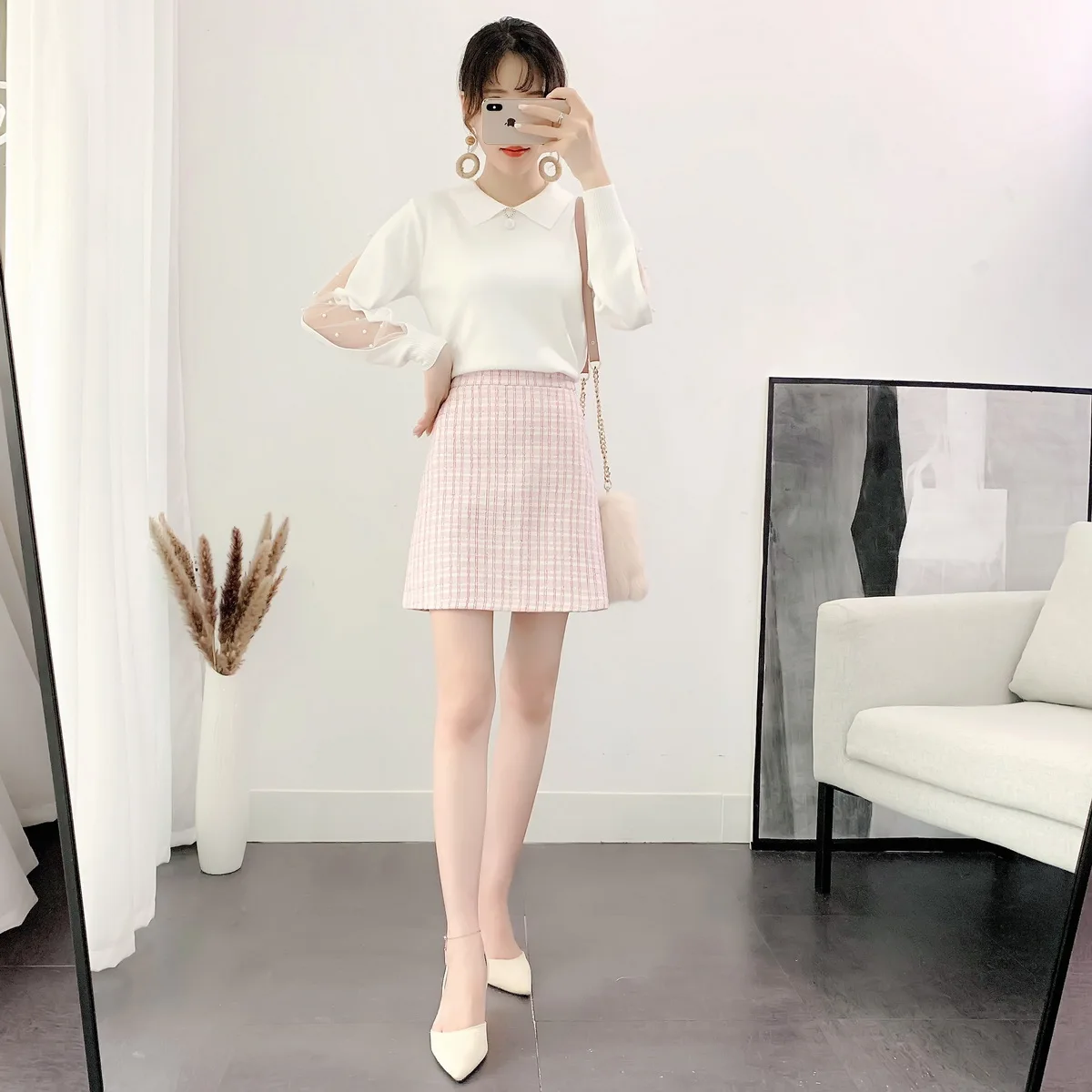 

Suit White Gauze Skirt Of Tall Waist Bust Nail Bead Coat Skirt Two-Piece Sweet Girl Women Outfit Knitwear Clothing Set Blouse
