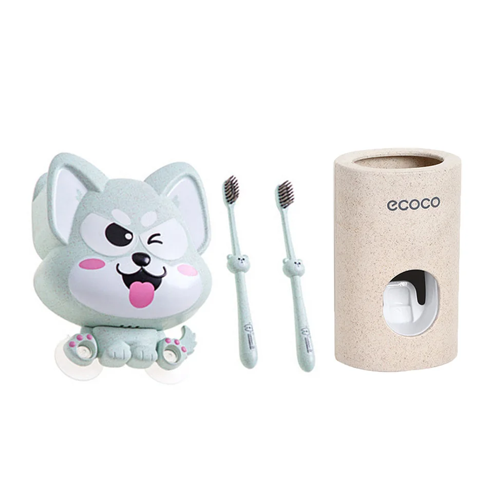 4 PCS Set Green MSJO Набор держателей для детских зубных щеток, настенный контейнер для 2 шт. зубных щеток, милый пластиковый держатель для зубной пасты для ванной - Цвет: 4 PCS Set Green