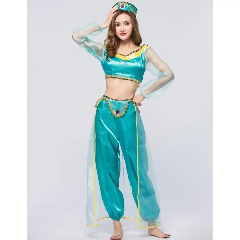 

Adult Carnival Clothing Girls Aladdin Jasmine Princess Costume Adult Belly Dancer Cosplay Top Pants Halloween Party Suit Dress