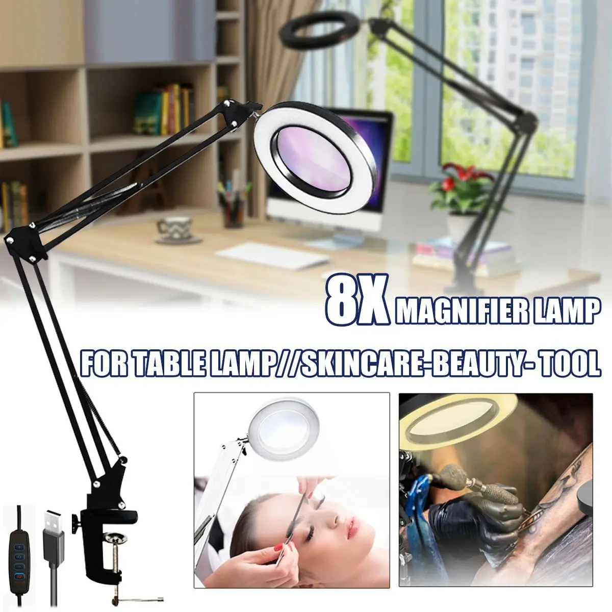 

Foldable Desk Large 8X USB LED Magnifying Glass 3 Colors Skincare Beauty Tool Illuminated Magnifier Lamp Loupe Reading/Soldering