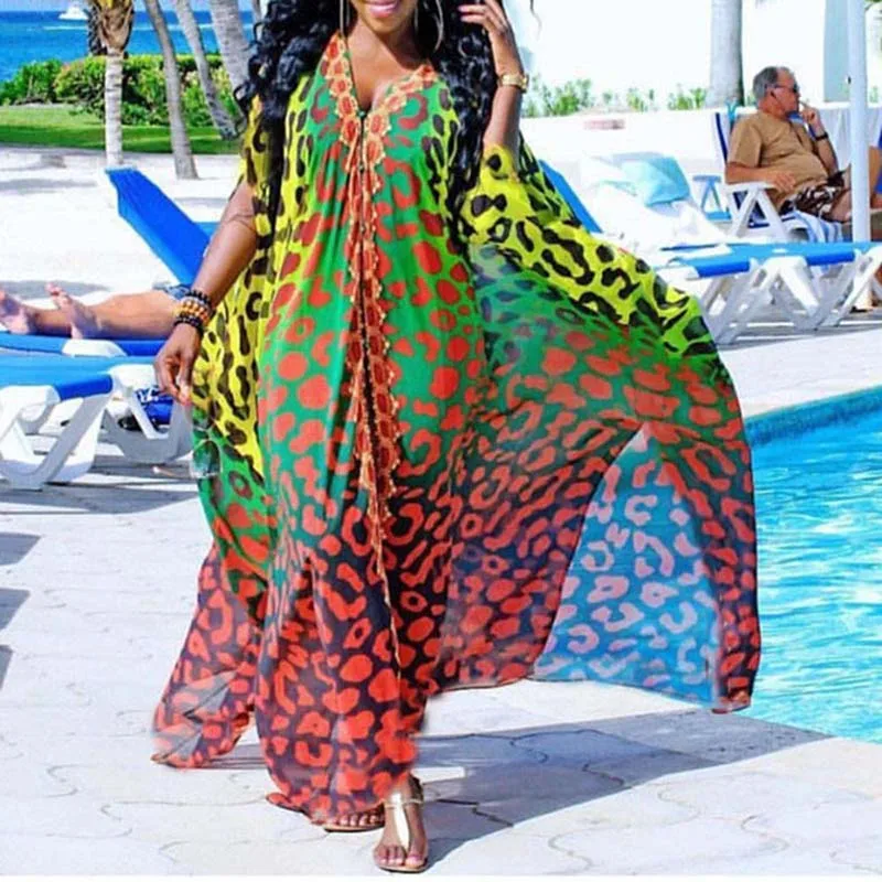 

New Over Size Beach Cover Up Chiffon Beach Maxi Dress Kaftan Sarong Beach Tunic 2022 Leopard Print Robe Plage Swimsuit Cover Up