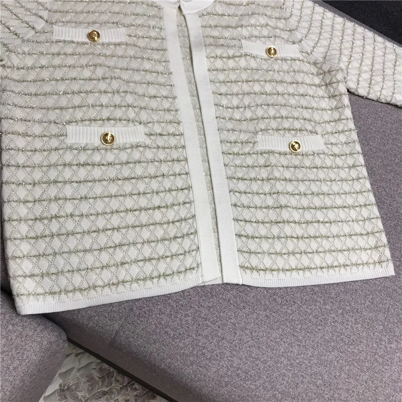 

Luxury Designer Brand Knitted Cardigans for Women Vintage Gold Thread Plaid Wool Blend Beige Black Knitted Sweater