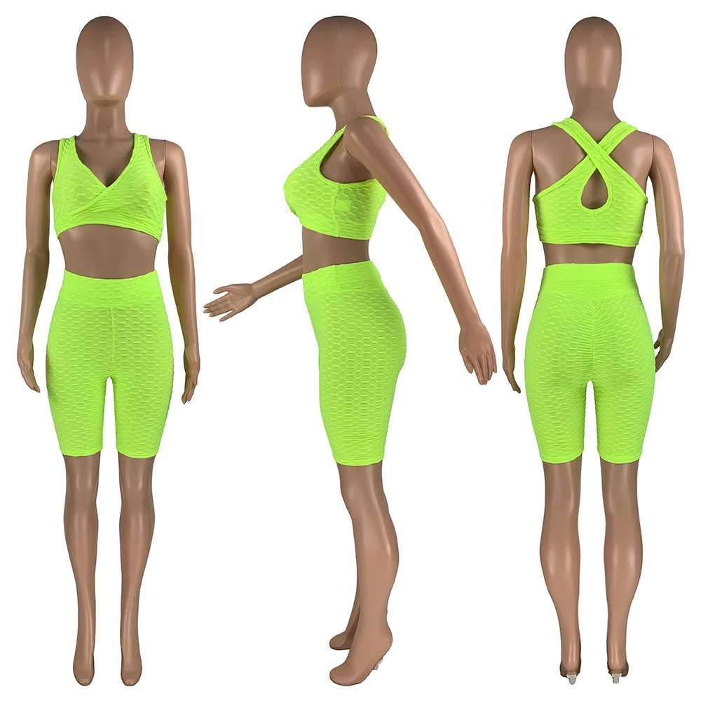 

Fluorescent Solid Elastic Skinny Casual Women Two Piece Sets Sleeveless Workout Tank Tops + Shaped Waist Seamless Short Outfit