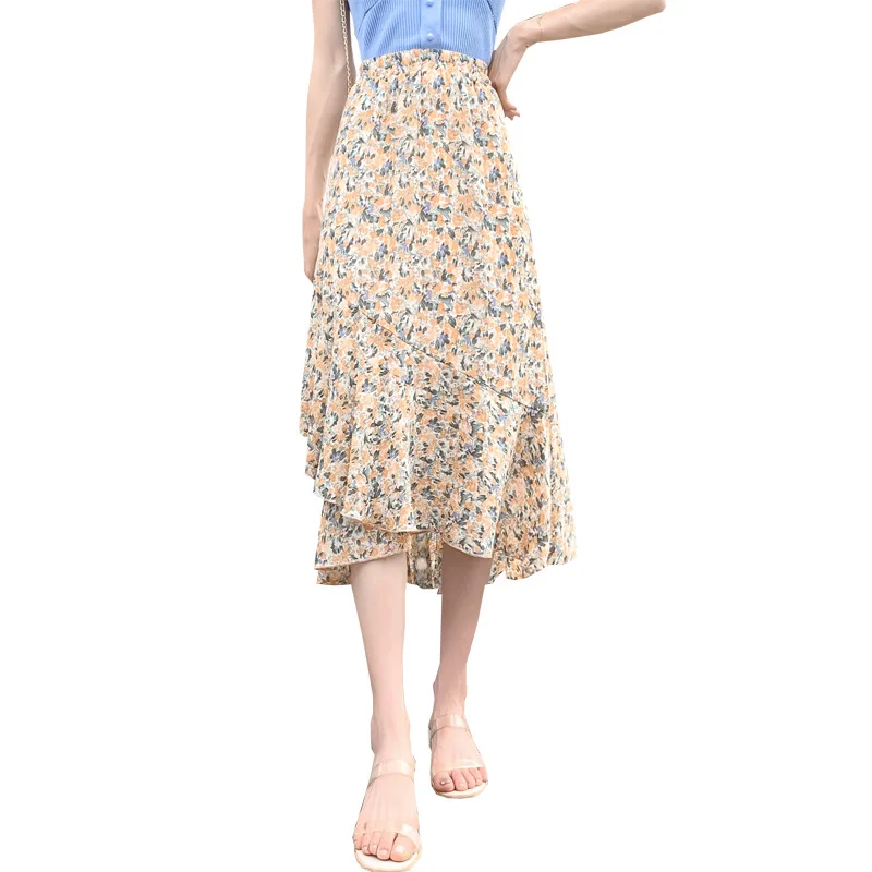 

2021 Plus Size Floral Midi Skirts Korean Retro Oil Painting Printed Floral High Waist A-line Pleated Skirt Long Skirts BSQ379