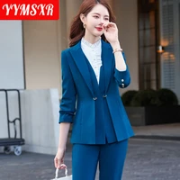 autumn and winter professional office suit two piece high quality slim and elegant solid color ladies blazer high waist trousers