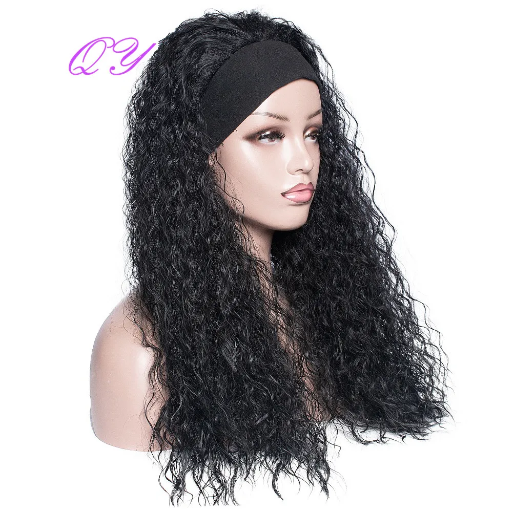 QY Hair Long Turban Wigs Afro Kinky Culry Headband Wig Black Wrap Synthetic For Women |