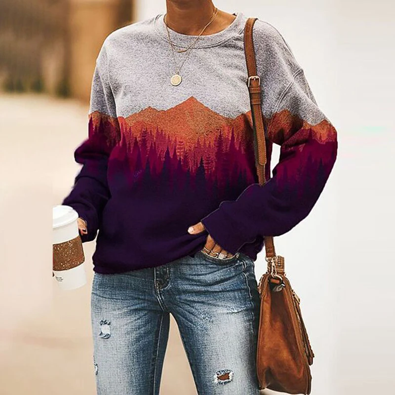 

Loose Casual Forest Print Sweatshirt Pullover Women Long Sleeve Casual Top Autumn Spring Winter A66