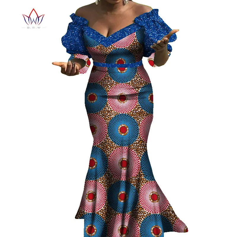 African Dresses For Women Bazin Riche Style Femme African Clothes Graceful Lady Print Wax Plus Size Party Mermaid Dress WY8103