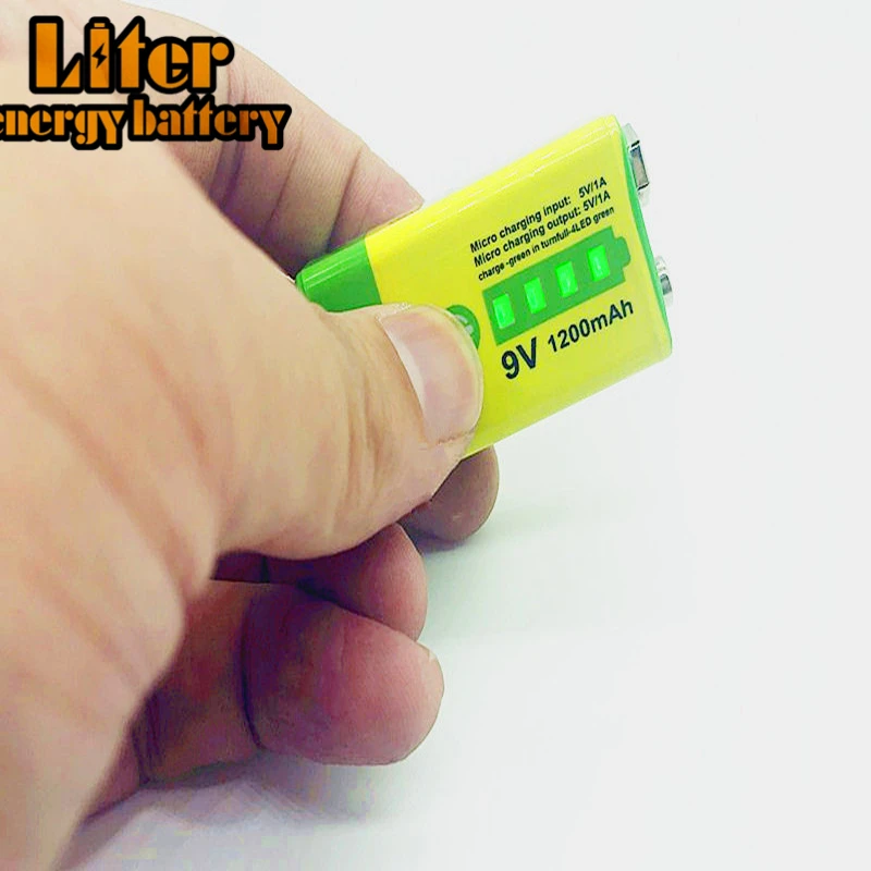 Перезаряжаемый литий-ионный аккумулятор 9 В 6F22 Micro USB 1200 мАч для дымовой