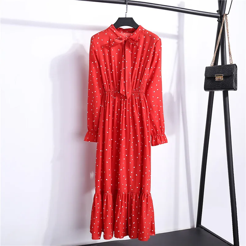 

2021 Fall Fashion Dress Women's Polka Dot Printed Long Sleeve Chiffon Shirt Dress Black Bowknot Floral Retro A-line Long Dress
