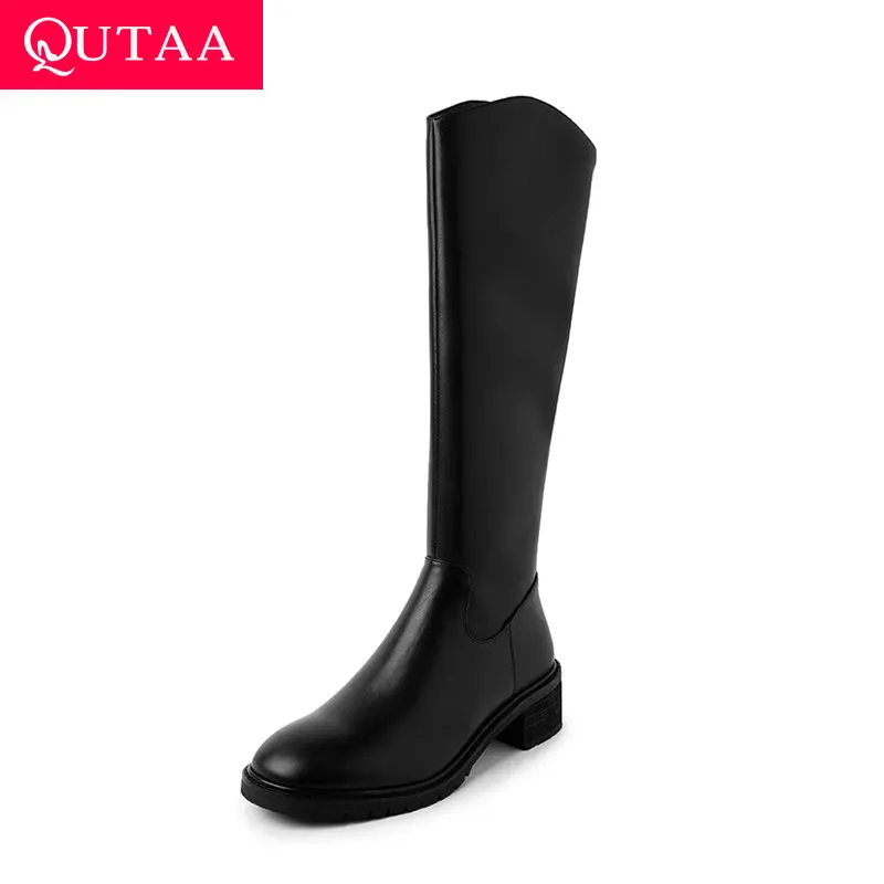 

QUTAA/2022 г. Женская обувь для отдыха из натуральной кожи на среднем квадратном каблуке на молнии модные зимние сапоги до колена с острым носком...