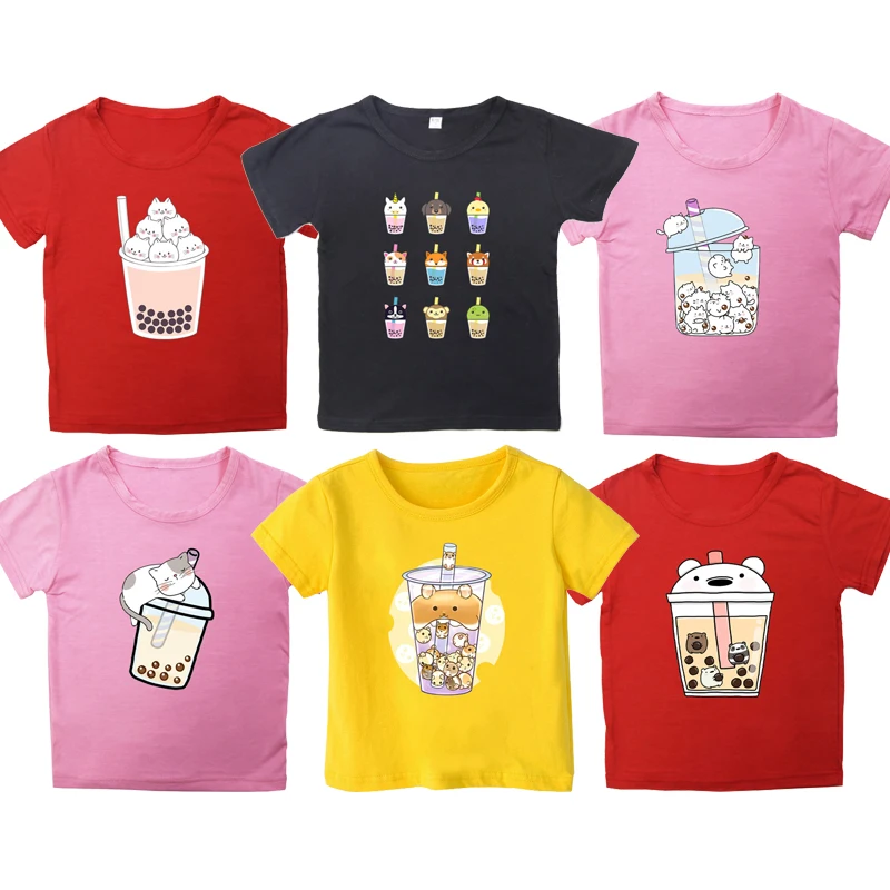

Boys Girls Cartoon Animals Boba Tea T-shirts Children Short Sleeves Tshirts Toddler Funny T Shirt Summer Kids Clothes Streetwear