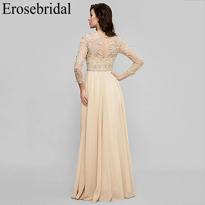 Женское вечернее платье с длинным рукавом Erosebridal длинное шифоновое цвета шампань