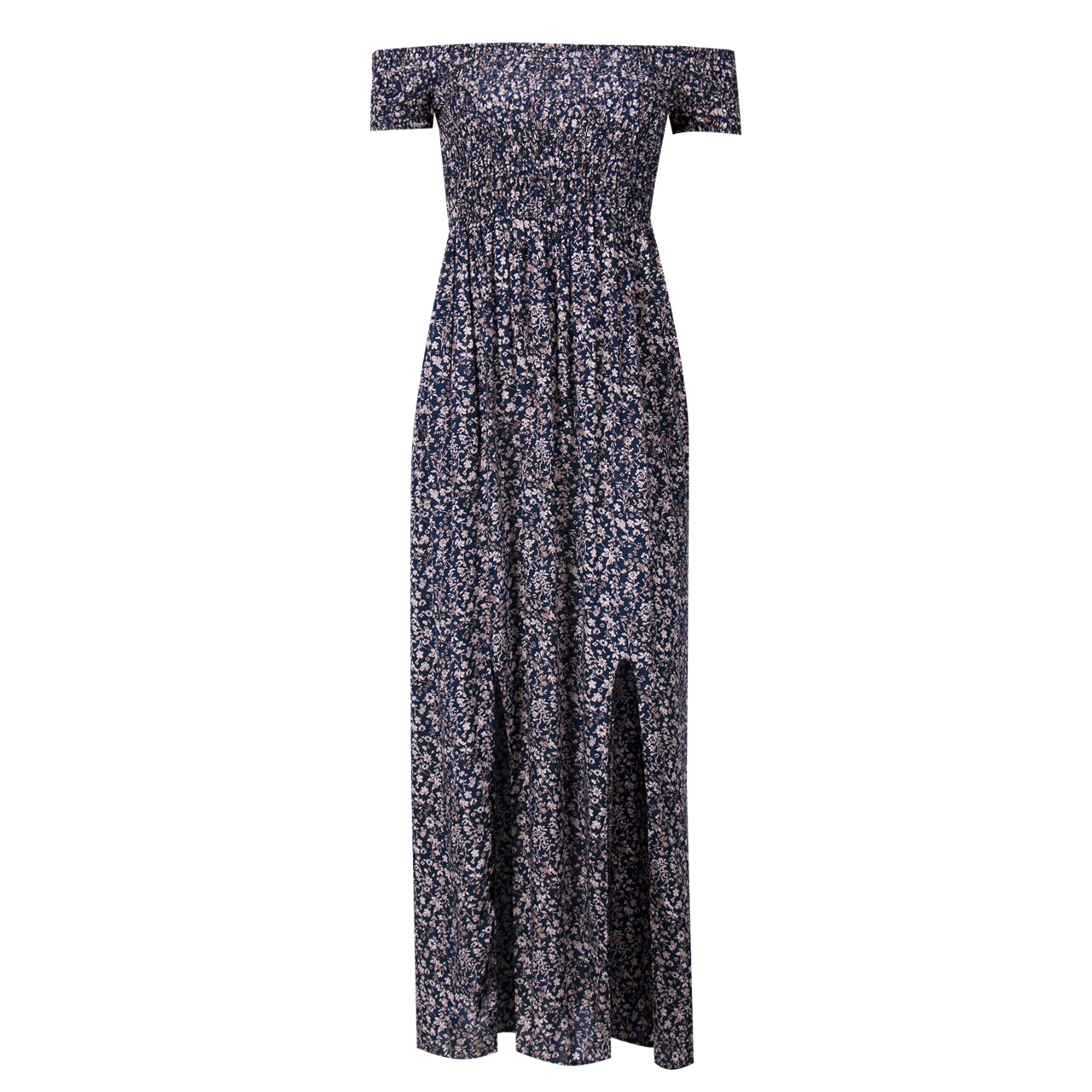

New Fashion Women Boho Off shoulder High Waist Short Sleeve Maxi Dress Ladeis Summer Floral Beach Casual Long Sundress