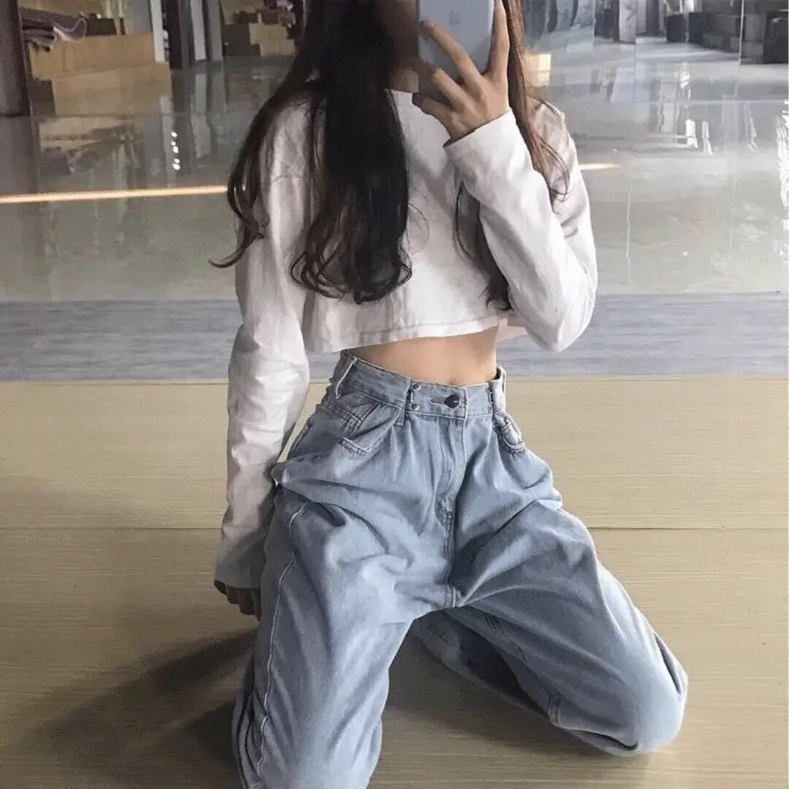 

Elegant floor dragging jeans women loose Korean summer New High Waist Wide Leg Pants show thin straight pants retro pants