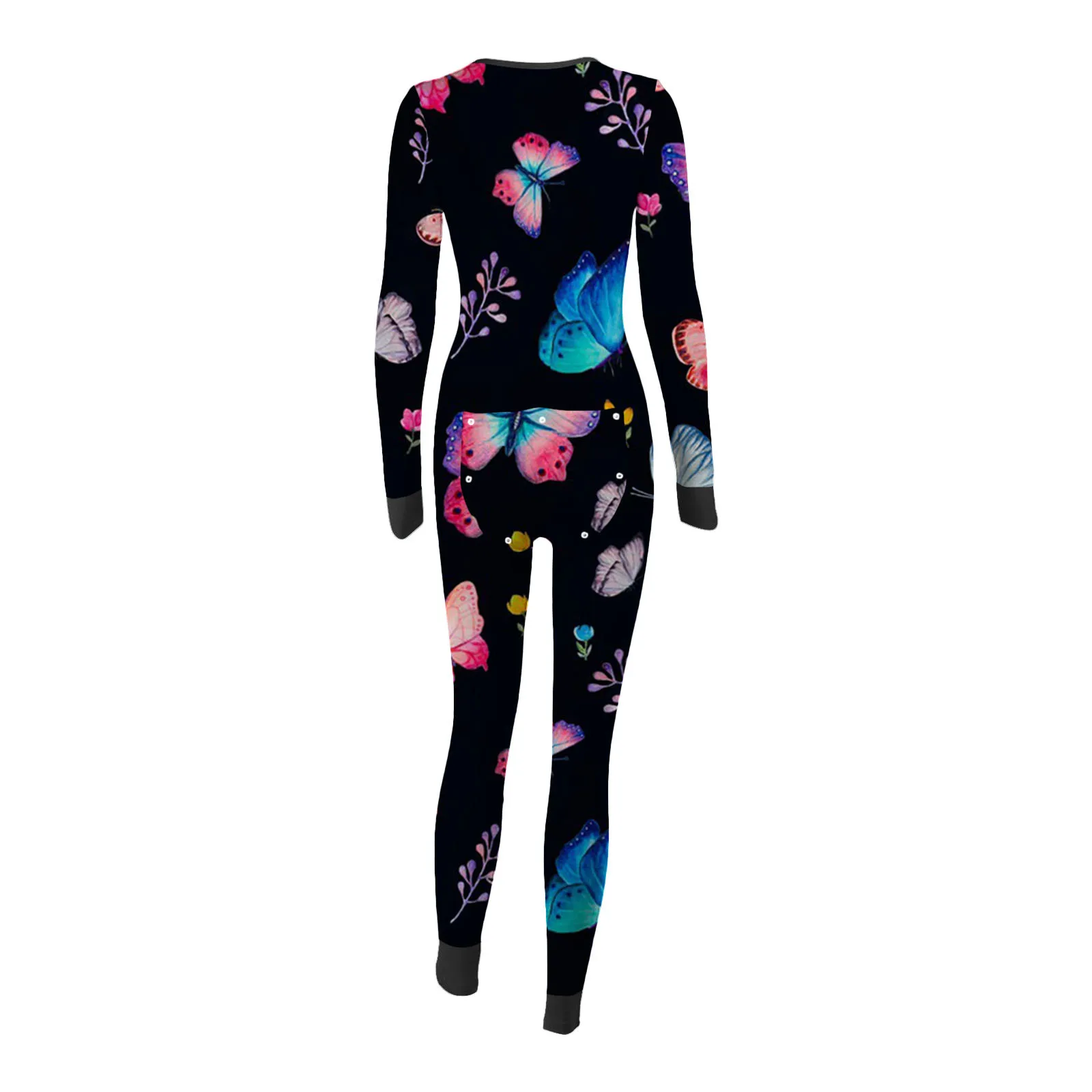 

Sexy Women Pijamas Onesies Print Long Sleeve Button-Style Front Functional Button Flap V-neck Jumpsuit Romper Femme Sleepwear q5
