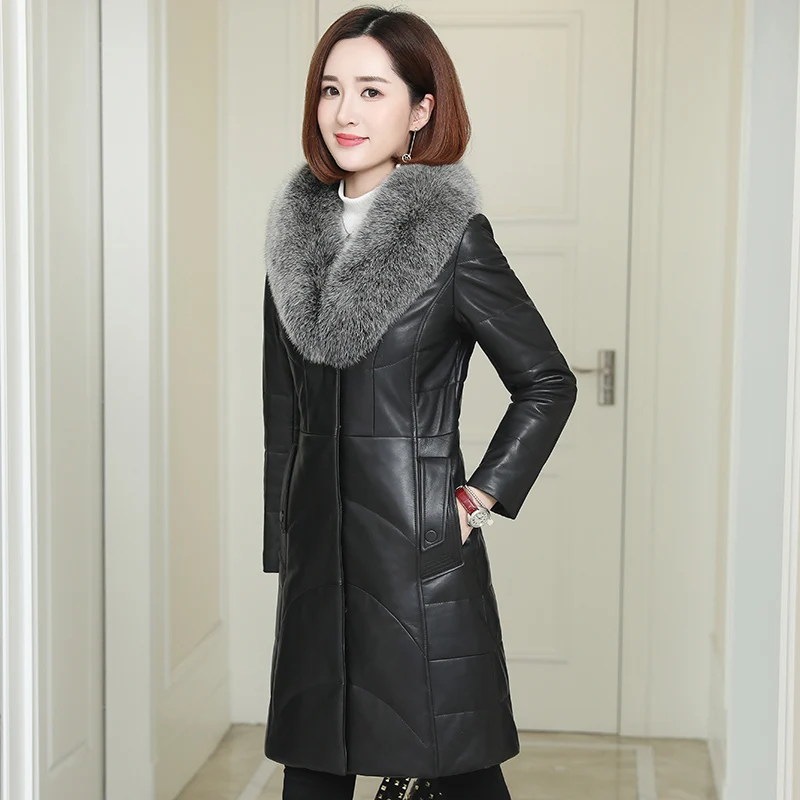 

2020 new fur coat down jacket women leather medium long Haining fur slim fox fur collar with Down thickening winter