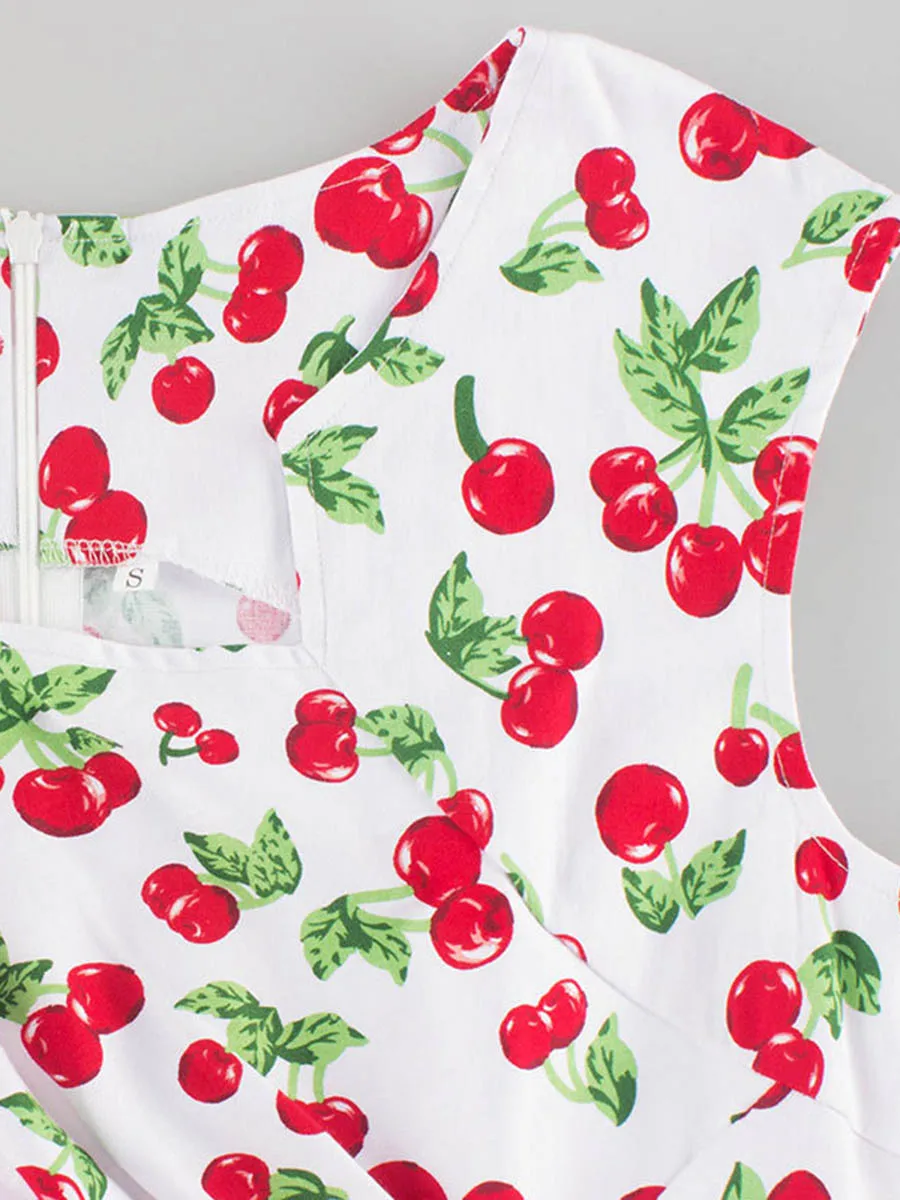 

SALE Bodycon Summer Dresses 2021 Cherry Printing Slim Style Elegant Party Dress Sleeveless White Classical Fishtail Dresses