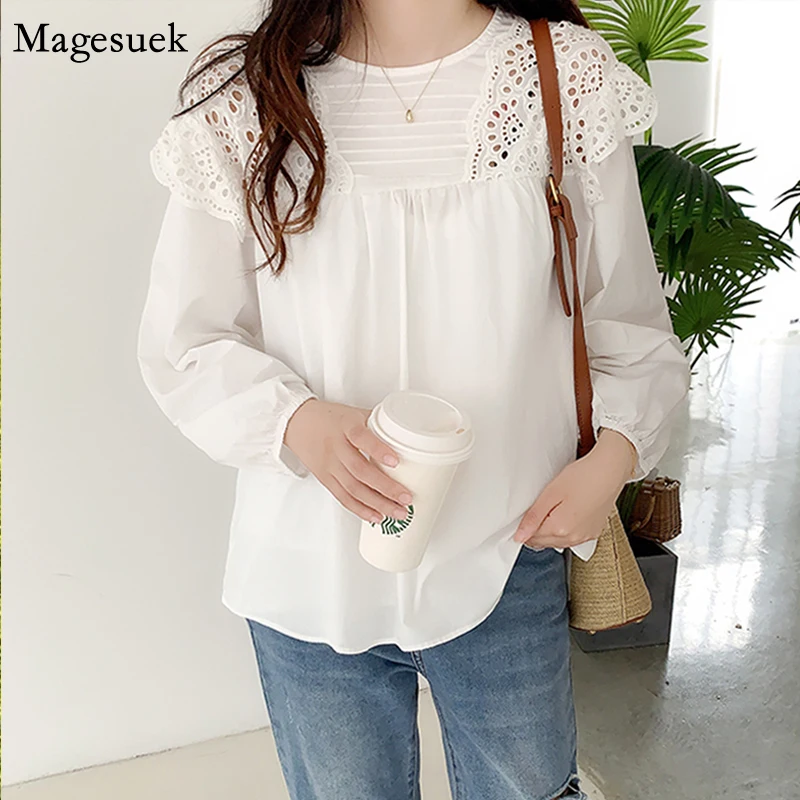 

Korean Spring Womens Tops Gentle O Neck Chic Hollow Lace Stitching Blouse Women Loose Pleated Puff Long Sleeve White Shirt 13653
