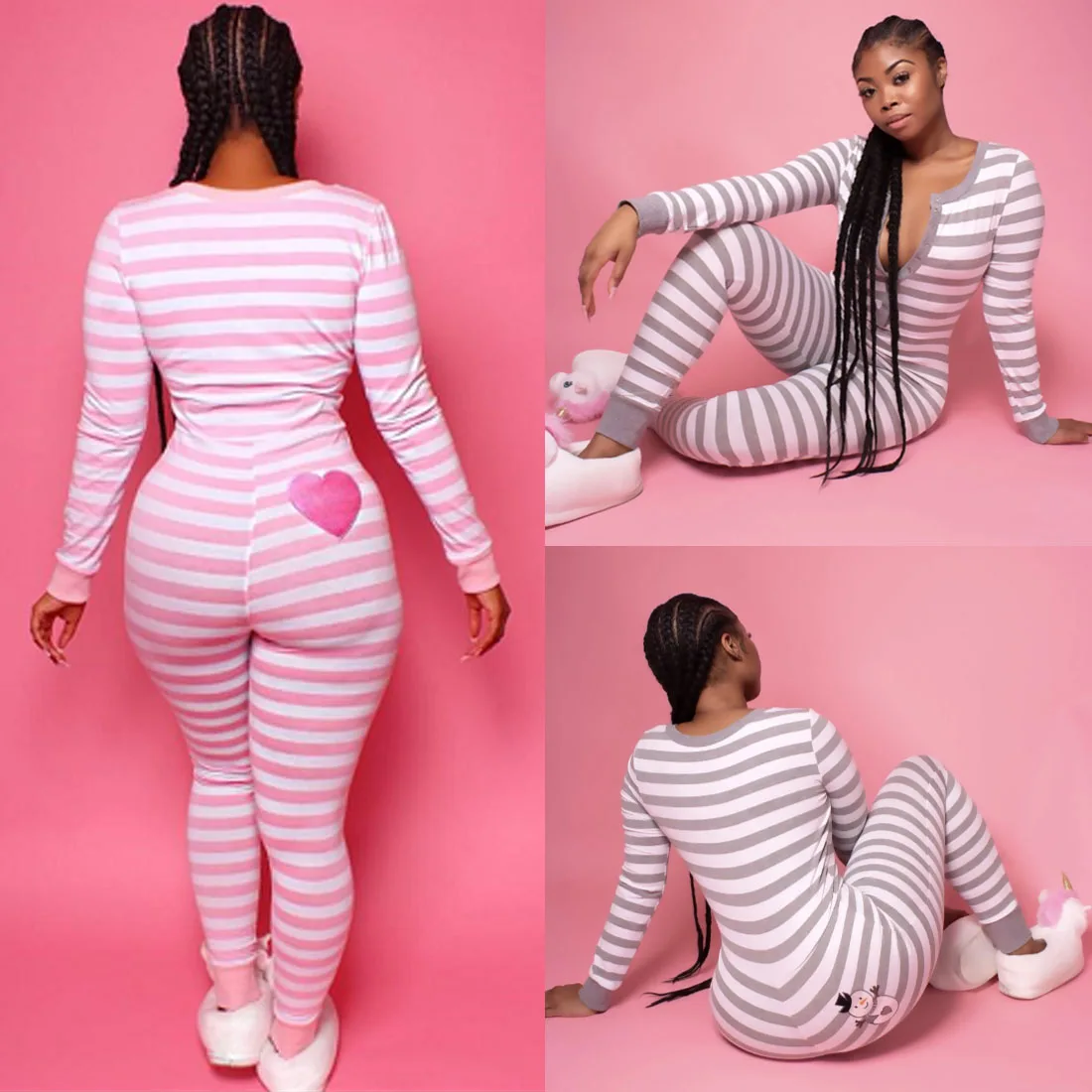 

Sexy Women One Piece Pajamas Autumn Nightwear Slim Fit Long Sleeve V-neck Stripe Playsuits Sleepwear Romper Clubwear Trousers