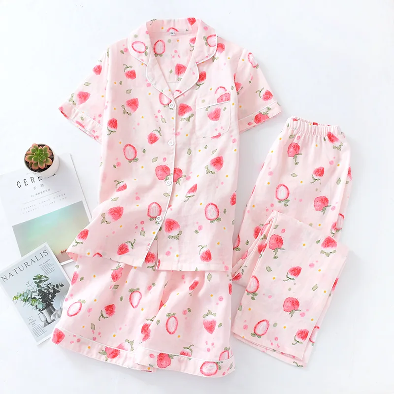 3 pcs-9 Комплект из 3 предметов, свежая женская летняя Пижама с коротким рукавом, Марлевое хлопковое ночное белье, женские корейские пижамы, шорты, домашние штаны, новинка, распродажа - Цвет: 3 pcs-9
