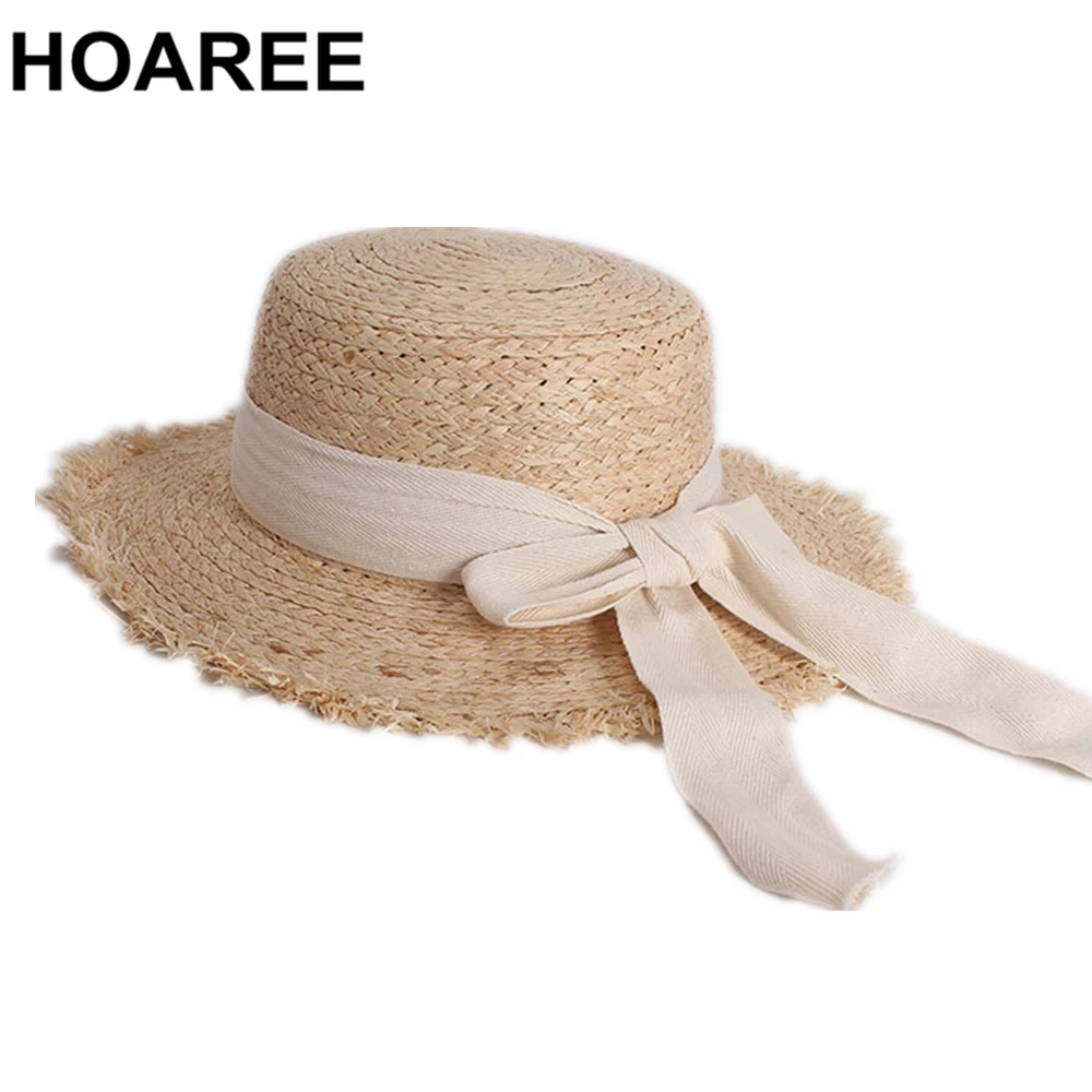HOAREE белая шляпа от солнца с бантом из рафии Корейская винтажная Кепка плоским