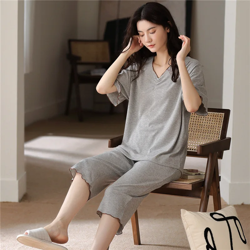 Modal Women's Pajamas Set Summer Simple Leisure Nightgown & Sleepstirts Short Sleeve Calf-Length Pants Thin Home Suit Sleepwear