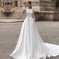 lorie satin wedding dresses with pockets long sleeves o neck appliques lace long train button back bridal gown vestidos de novia
