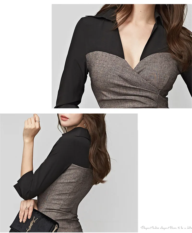 BGTEEVER Slim Waist V-neck Women Dress Full Sleeve Bodycon Patchwork Side-split Female Dress Fashion Midi Vestidos Femme