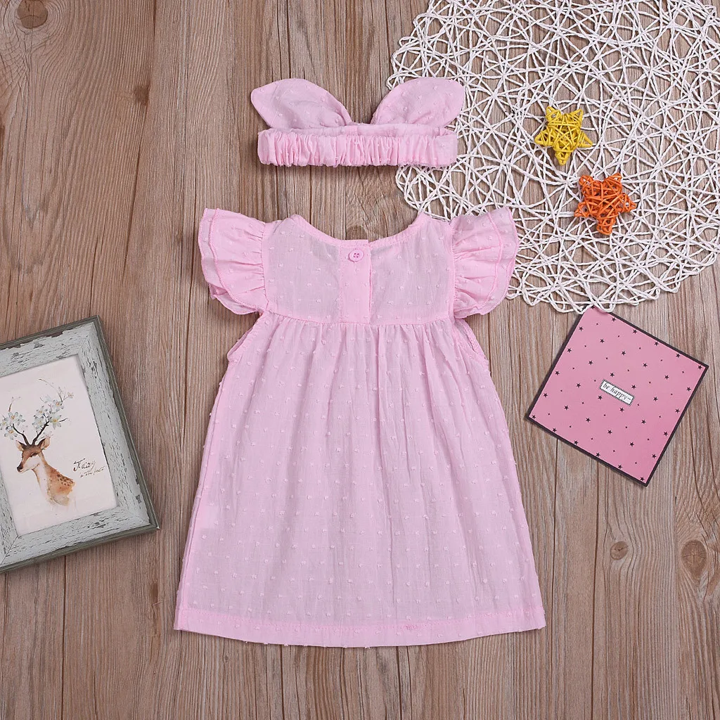 Girls Summer Outfits Toddler Kids Baby Sleeveless Solid Frill Princess Dress + Headband Outfit Vetement Fille For 6M-2Y | Детская одежда