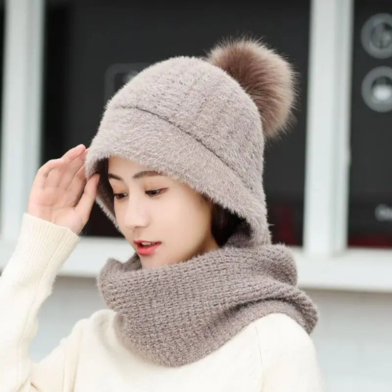 Зимние шерстяные вязанные шарф и шапка набор бини женский шарф Skullies Beanies шапки для женщин шапка s Gorras Bonnet маска цельная шапка