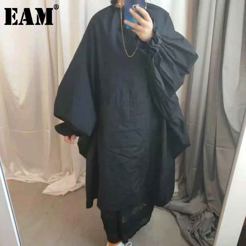 

[EAM] 2022 Spring Summer Woman Stylish New Purple Black Color Long Puff Sleeve Stand Collar Long Loose Big Size Dress LG03