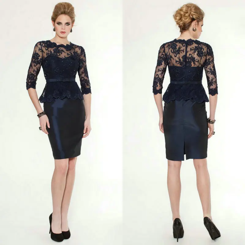 

Vestidos de novia 2018 Модное темно-синее кружевное короткое вечернее платье из тафты для мамы и невесты с рукавом до локтя