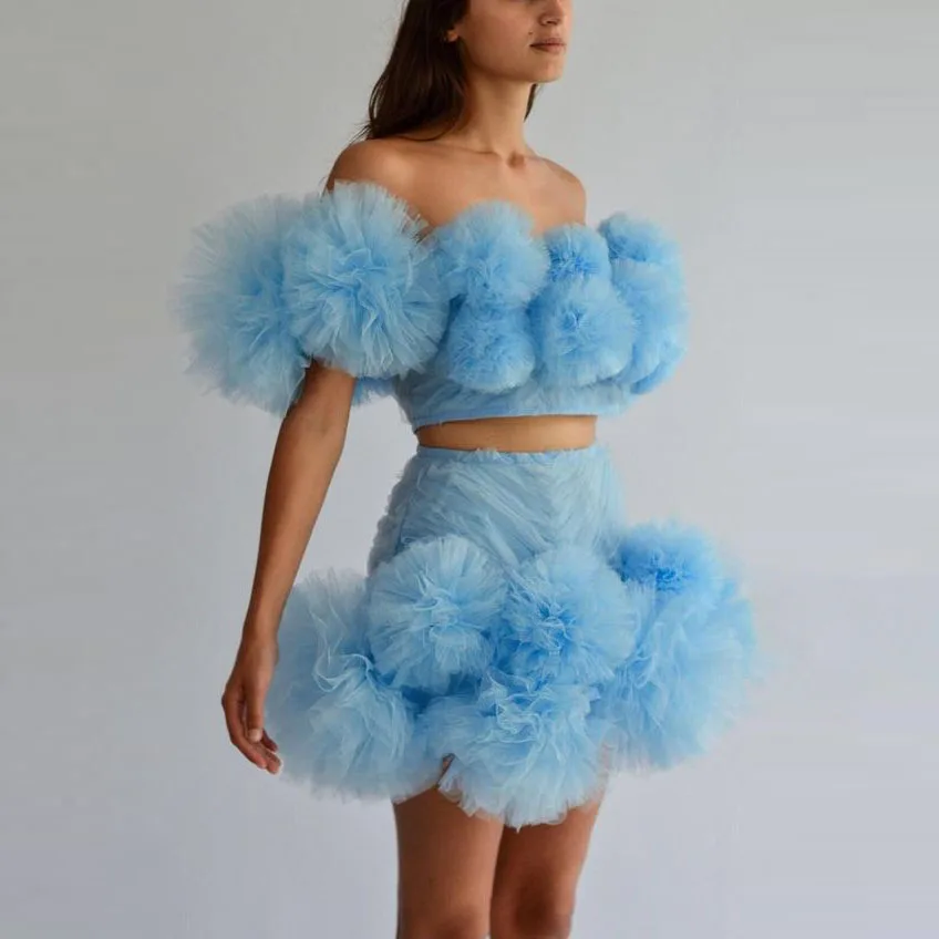 

Sky Blue Set Mini Dress Hippie Style Ball Gown Cocktail Dresses Off the Shoulder 2 Pieces Prom Gown Girls Party Formal Dress