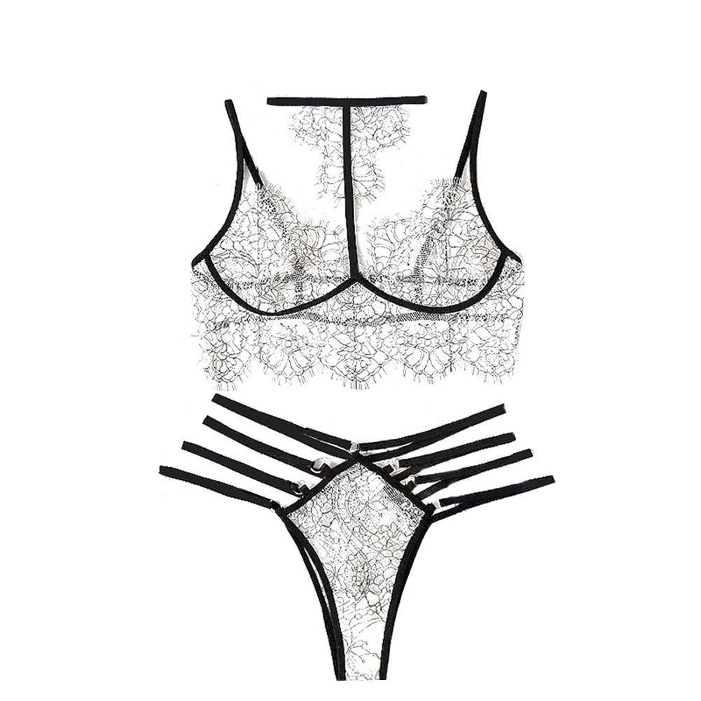 

Women Underwear Suit Floral Printing Sheer Hanging Neck Bra with Laciness + Elastic Belts High-Waist Briefs 2Pcs