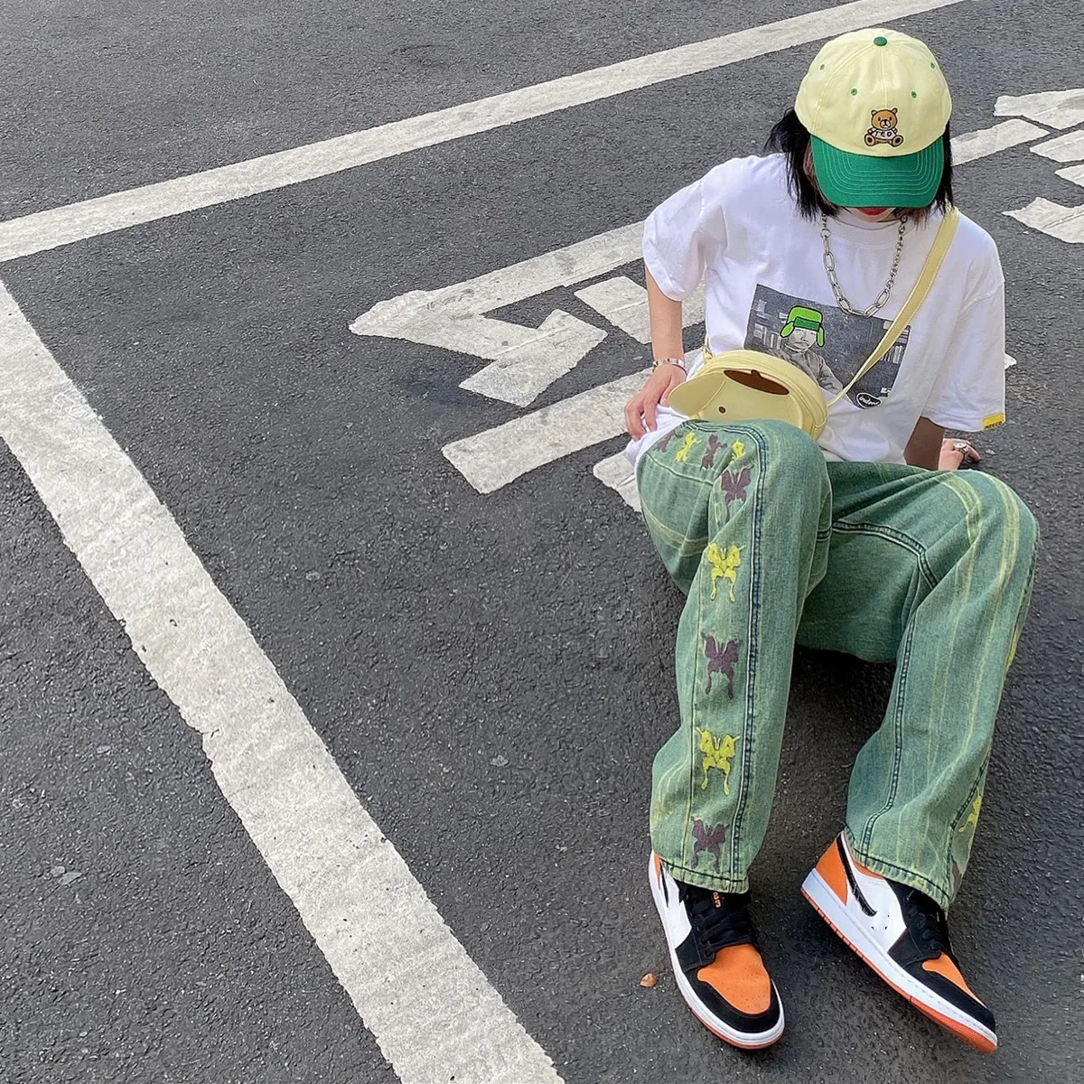 Женские и мужские джинсы Woherb в стиле Харадзюку с вышивкой бабочки шикарная