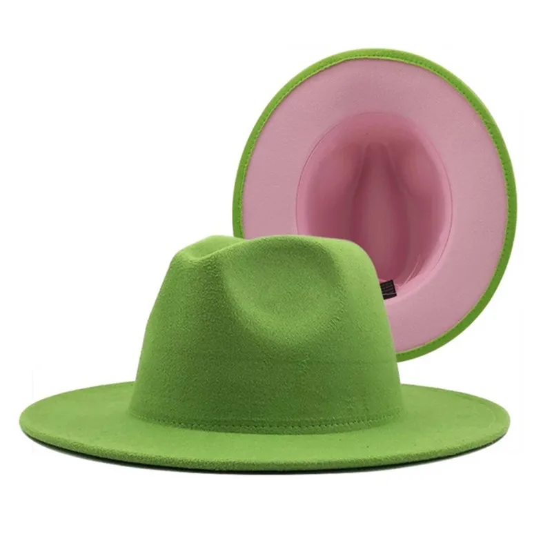 

Новое поступление, верхняя зеленая внутренняя розовая шерстяная фетровая шляпа джаз, Федора, шляпы для мужчин и женщин, шляпа Трилби с широк...