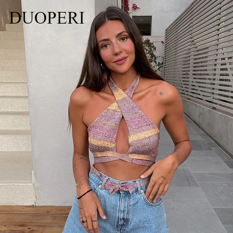 

DUOPERI 2021 Women Fashion With Tie Printed Cross Straps Cropped Tank Tops Strapless Backless Slim Fitted Sexy Female Camis Chic