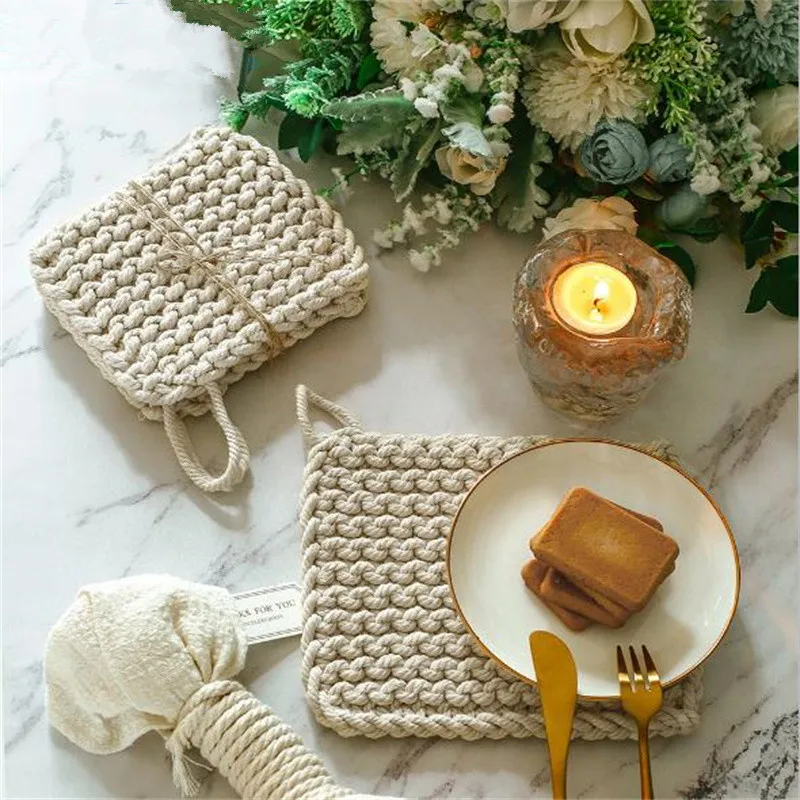 

Hand-woven Cotton Rope Braided Coaster Reusable Macrame Placemats Heat Resistant Tablecloth Tea Cup Pad Table Mats Kitchen Decor