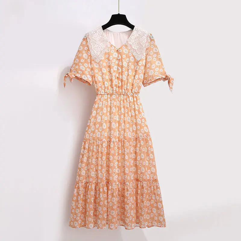 

2021 Women Spring Summer Elegant Pleated Dress Lady Print Peter Pan Collar Lace Up A-line Vestidos Female Casual Sweet Dress K41