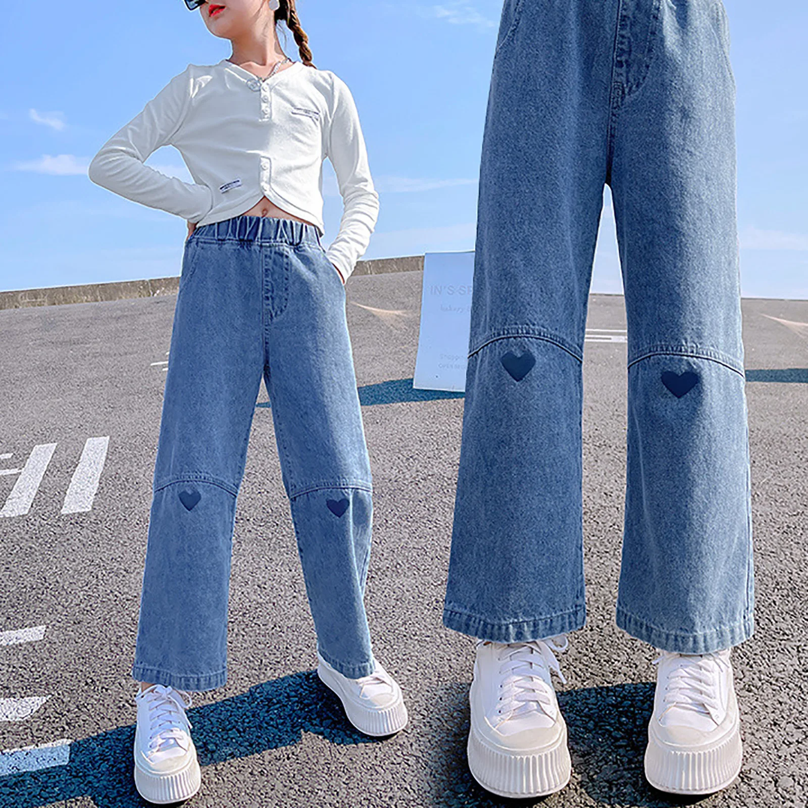 

4-14 Years Children Denim Pants Fashion Teenage Girls Wide Leg Jeans Kids Trousers Heart Applique Adorned Loose Straight Pants