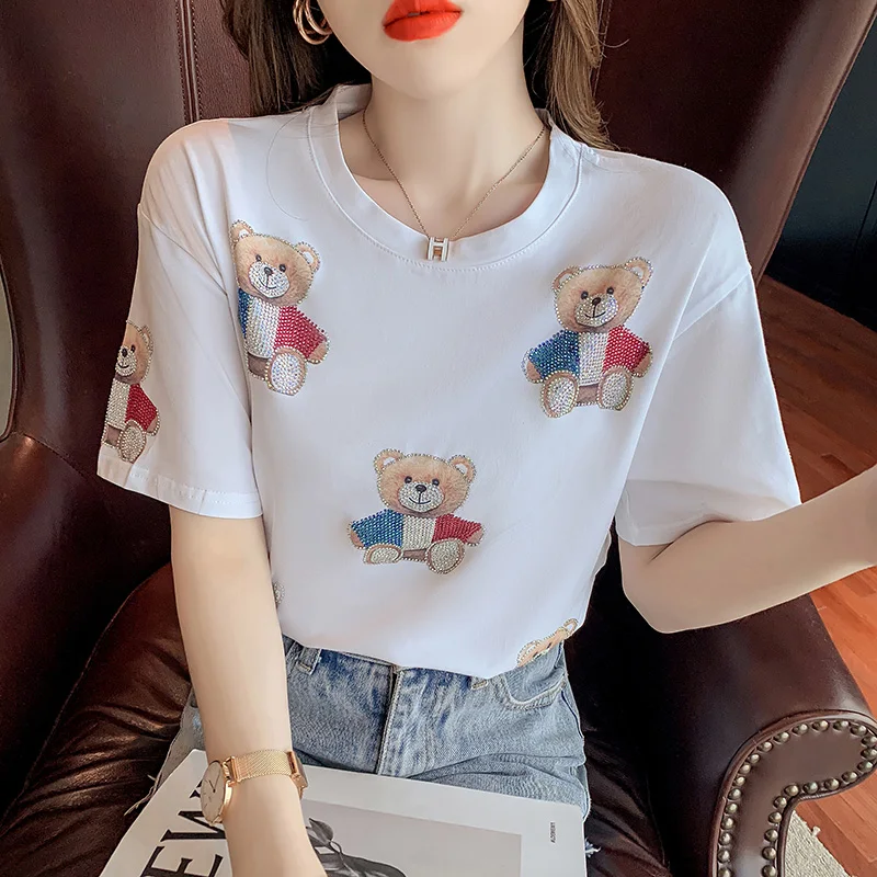 

Little bear Hot drilling Printing T Shirt Summer Women Short Sleeve Leisure Top Tee Casual Ladies Female T Shirts 2021 y2k top
